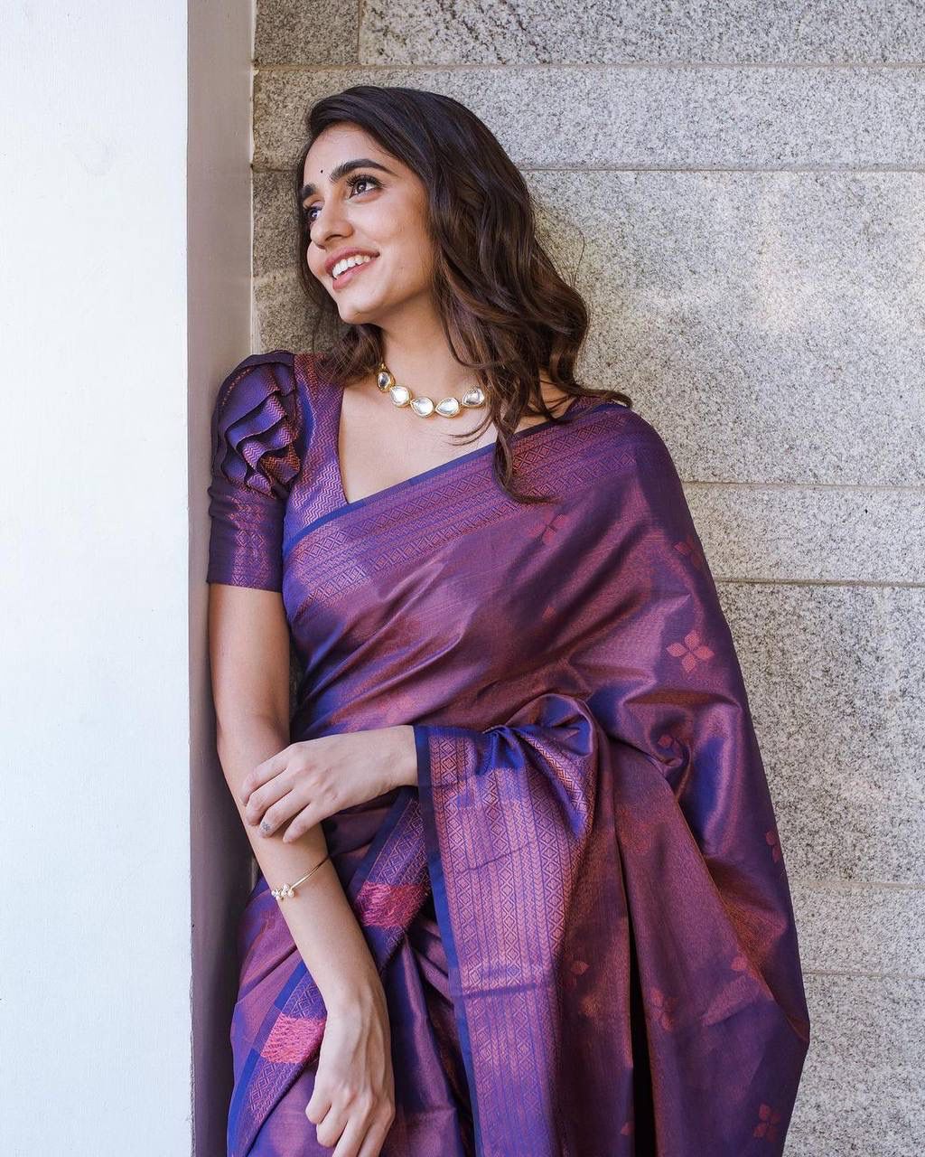 Liklee Purple Handloom Weaving Silk Saree With Mesmeric Blue Blouse