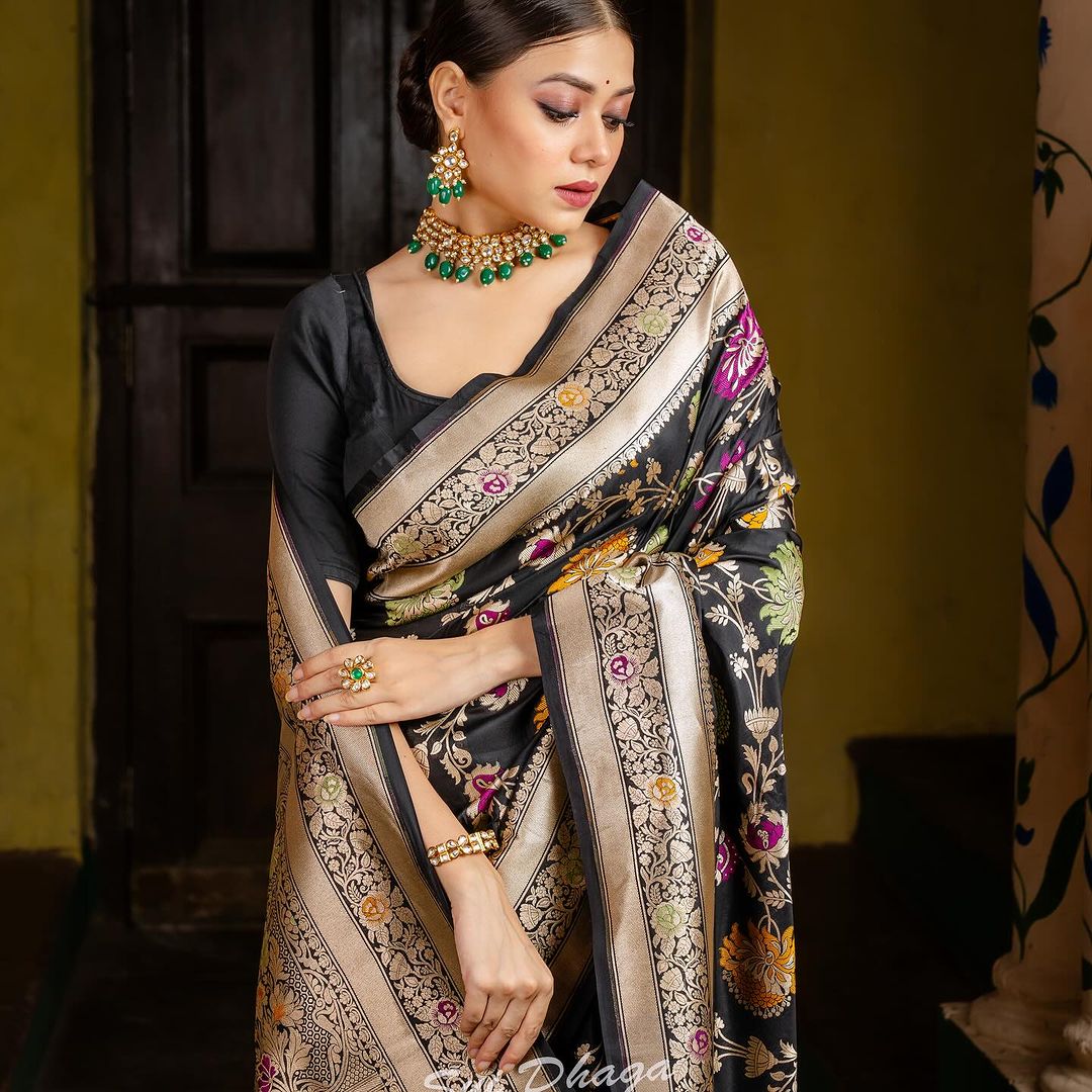 Liklee Black Soft Banarasi Silk Saree With Petrichor Blouse Piece