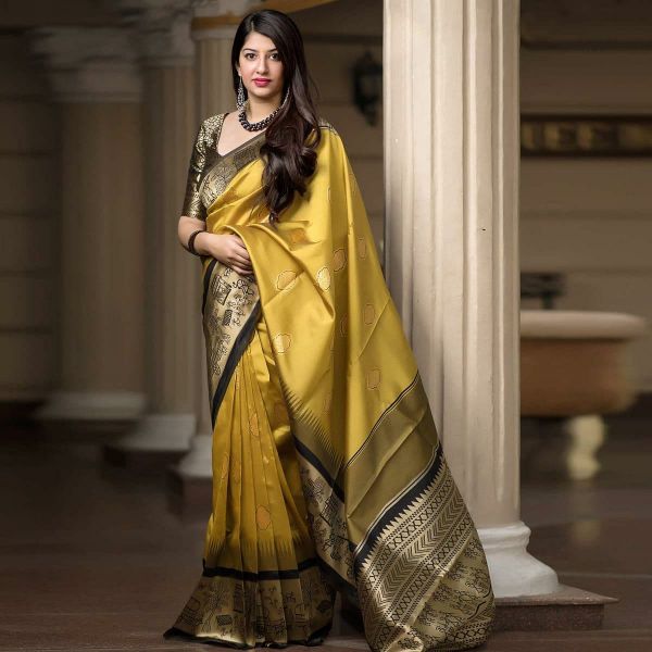 Partywaer Yellow Soft Silk Saree With Pretty Blouse Piece