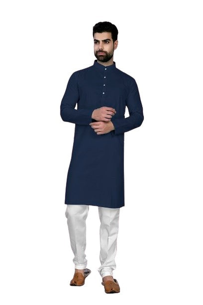 Navy Blue Men's Cotton Stylish Kurta with Side Pocket