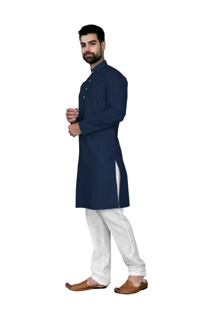 Navy Blue Men's Cotton Stylish Kurta with Side Pocket