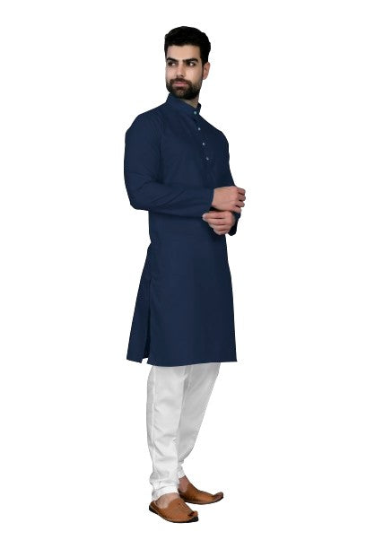 Navy Blue Men's Cotton Stylish Kurta with Side Pocket