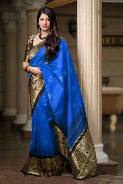 Partywaer Blue Soft Silk Saree With Pretty Blouse Piece