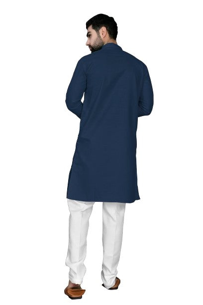 Navy Blue Men's Cotton Stylish Kurta with Side Pocket