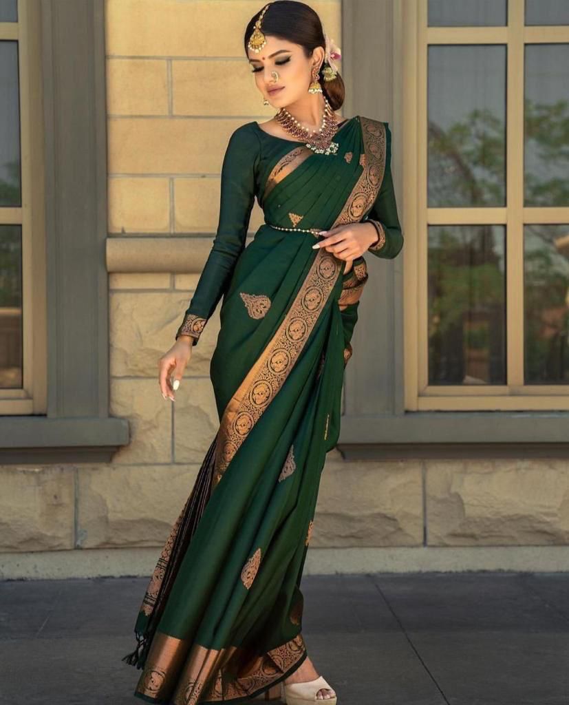 Liklee Festival Wear Green Soft Lichi Silk Saree With Heavy Border