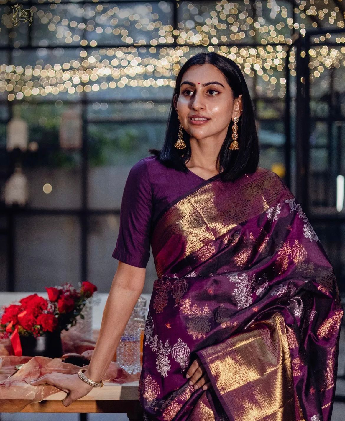 Liklee Purple Blooming Banarasi Silk Saree With Ethnic Blouse Piece