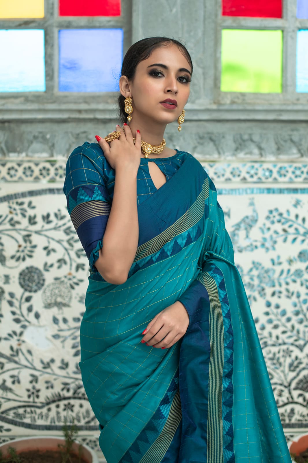 Liklee Rama Banarasi Colored Soft Silk Designer Saree With Blouse