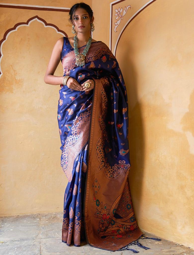 Liklee Blue Blooming Banarasi Silk Saree With Ethnic Blouse Piece