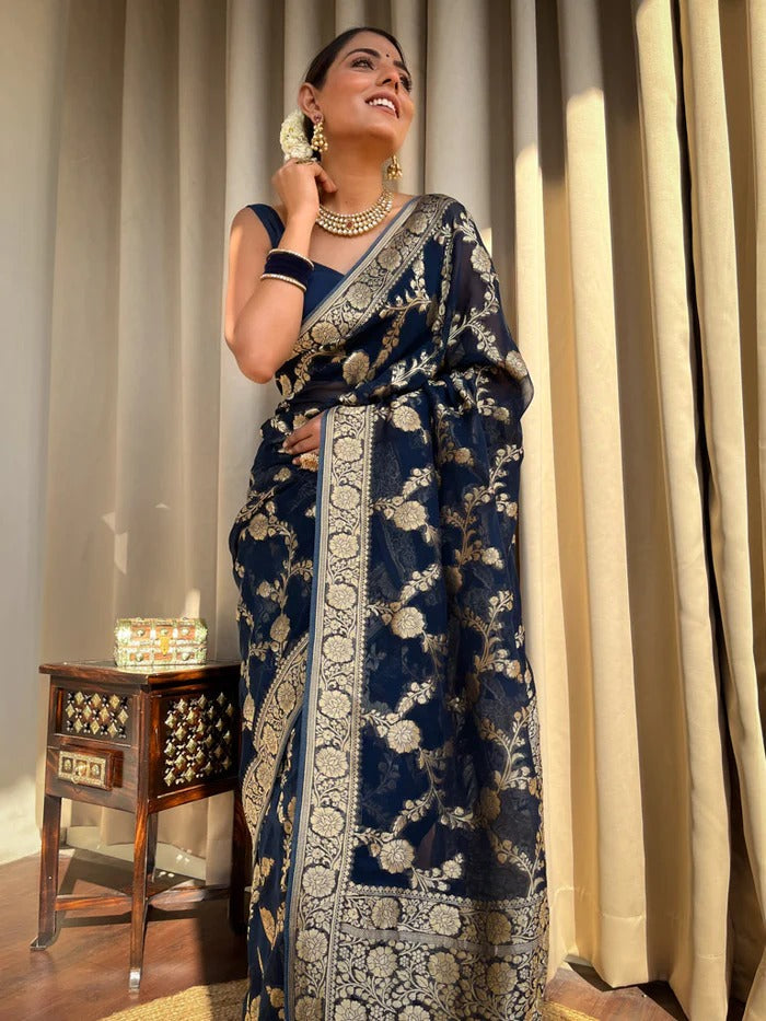 Liklee Blue Luxurious Banarasi Weaves iconic collections Silk Saree