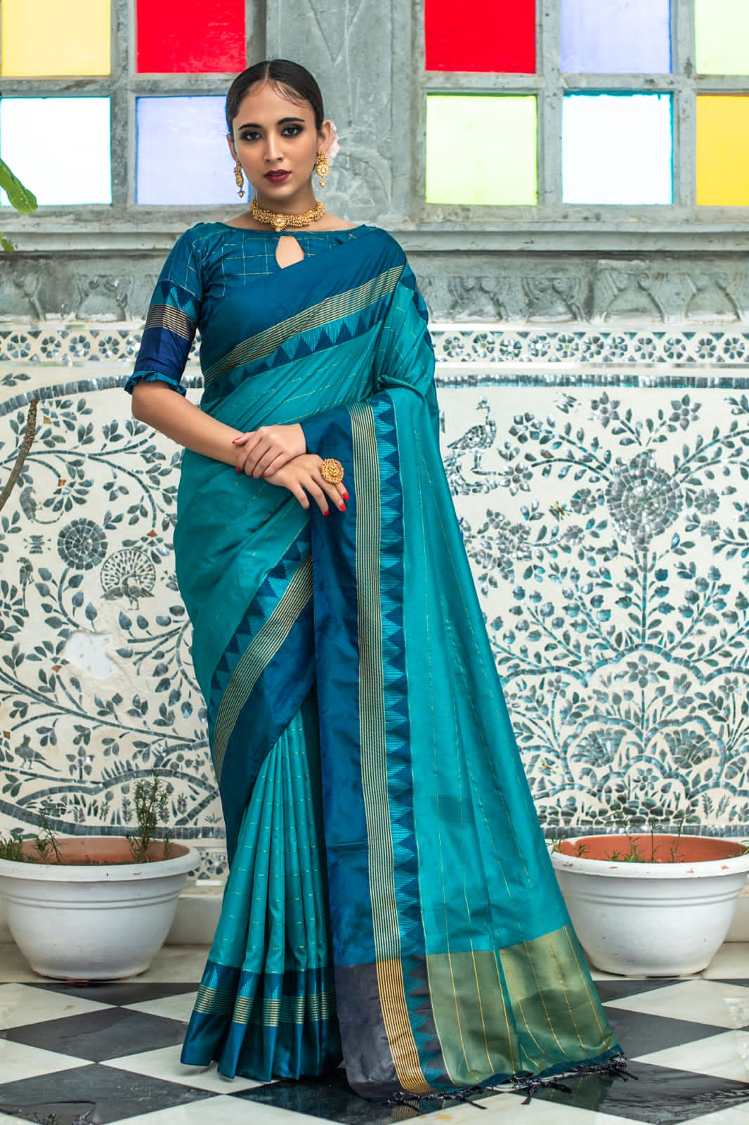 Liklee Rama Banarasi Colored Soft Silk Designer Saree With Blouse