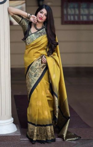 Partywaer Yellow Soft Silk Saree With Pretty Blouse Piece