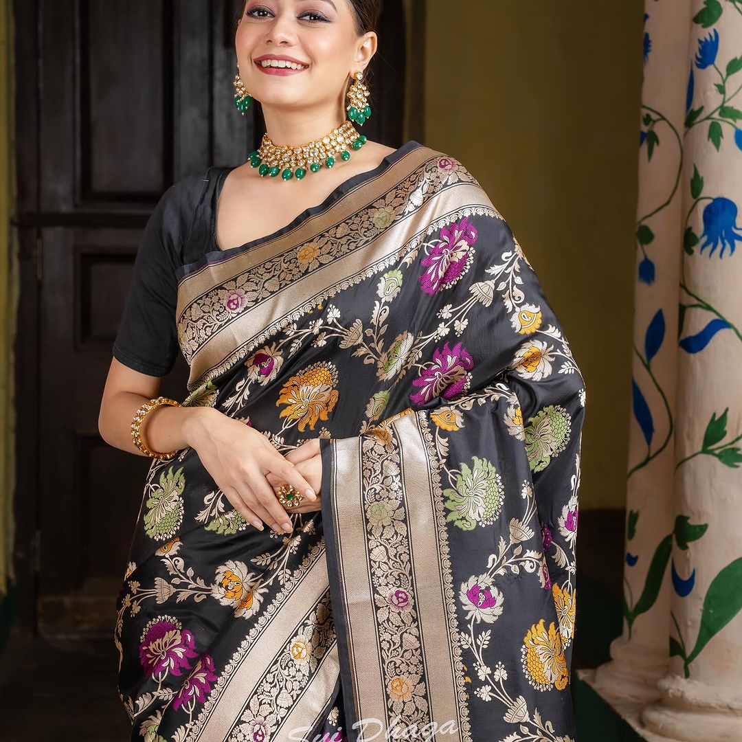 Liklee Black Soft Banarasi Silk Saree With Petrichor Blouse Piece