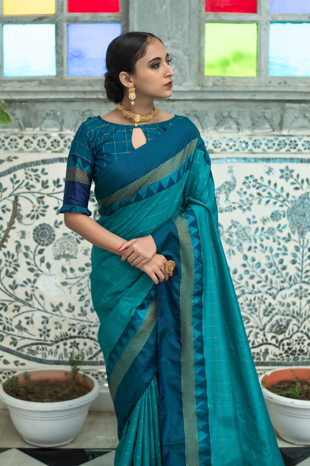 Liklee Rama Banarasi Colored Soft Silk Designer Saree With Blouse