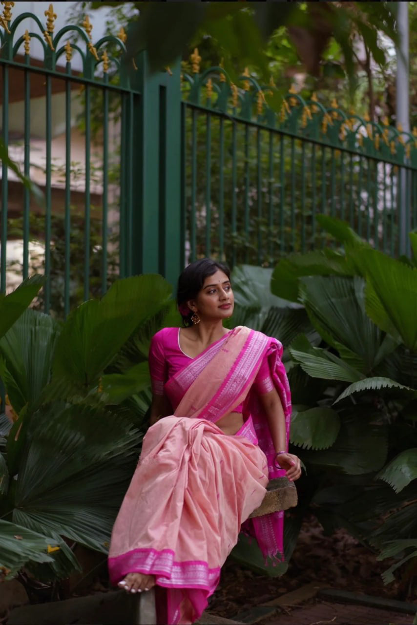 Liklee Pink Soft Banarasi Silk Saree With Petrichor Blouse Piece