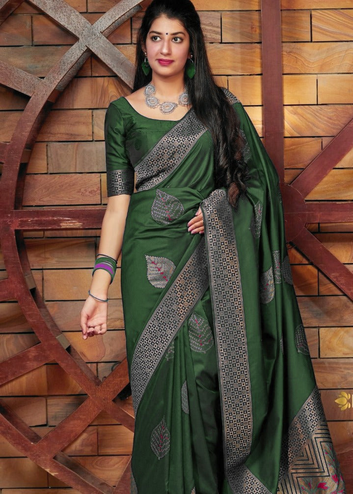 Liklee Green Gorgeous Banarasi Silk Saree with Demesne Blouse Piece