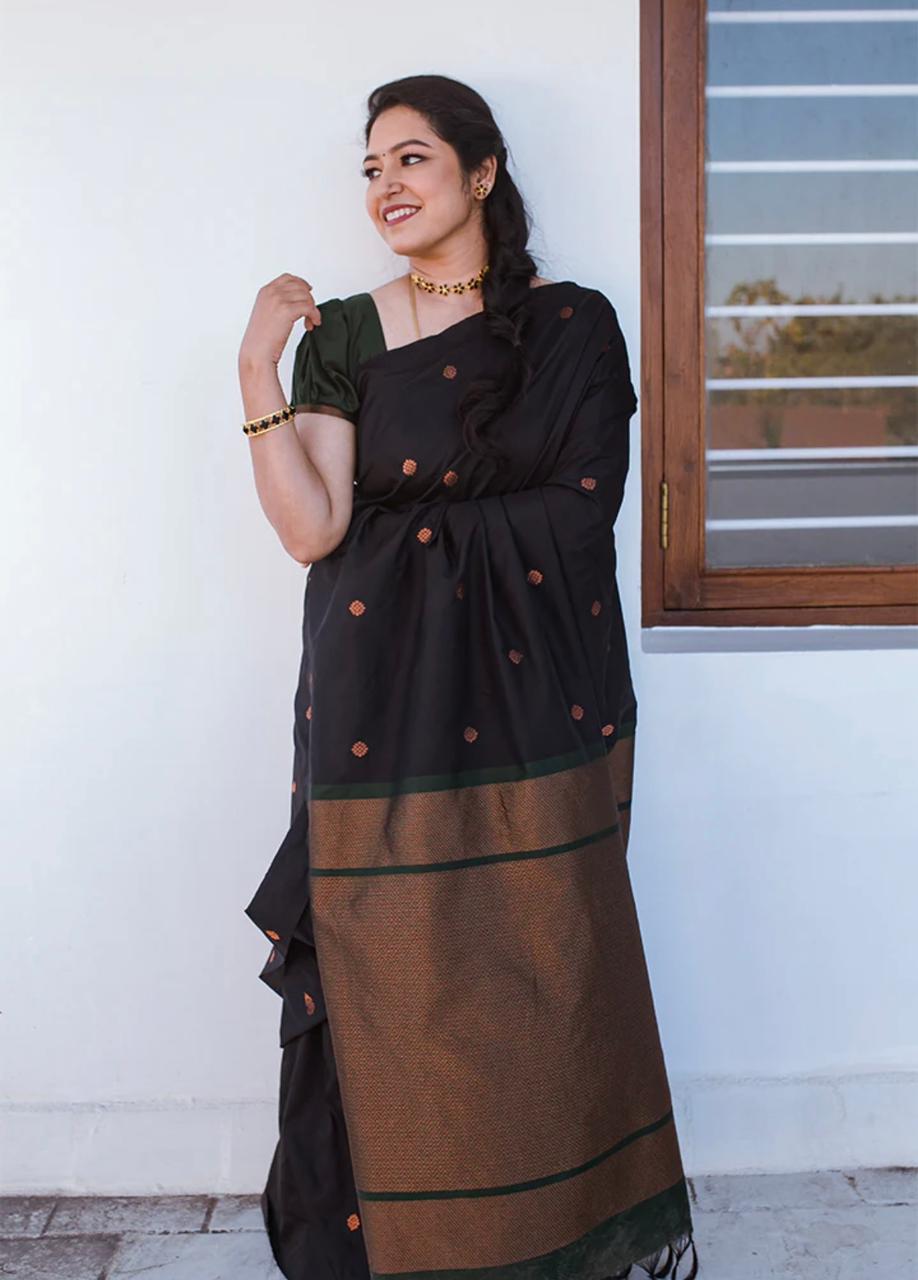 Liklee Stylish Black Soft Silk Saree with Unique Black Blouse Piece