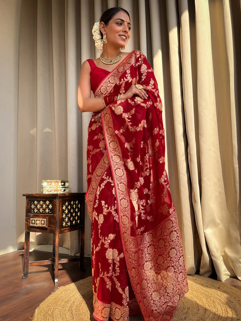 Liklee Red Luxurious Banarasi Weaves iconic collections Silk Saree