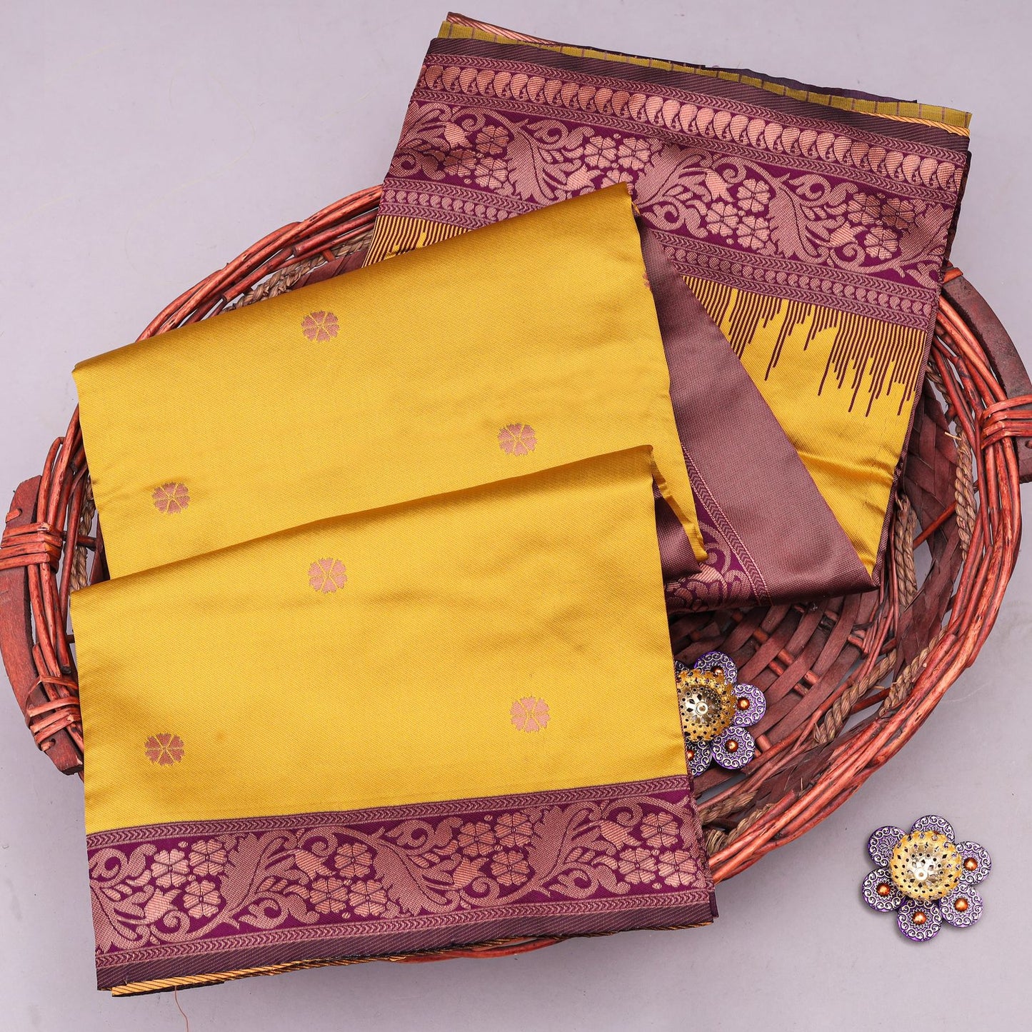 Liklee Yellow Blooming Banarasi Silk Saree With Ethnic Blouse Piece