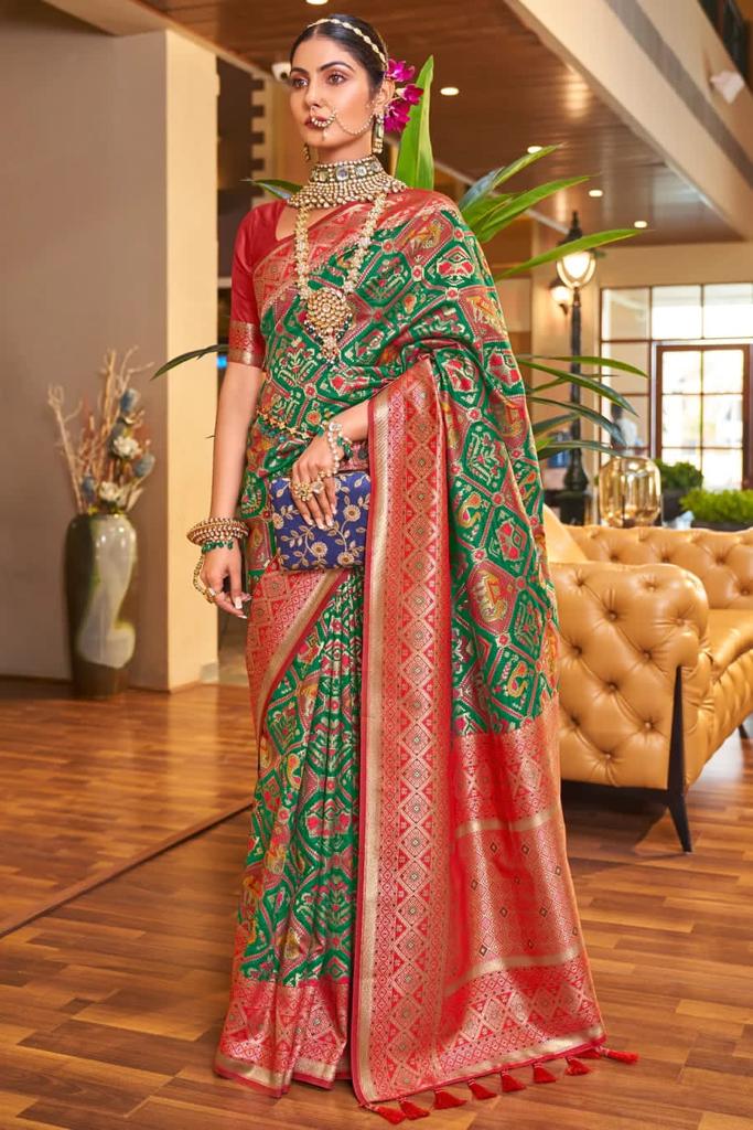 Liklee Ebullience Green Soft Silk Saree With Groovy Red Blouse Piece