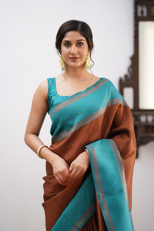 Liklee Brown Soft Banarasi Silk Saree with Unique Blouse Piece