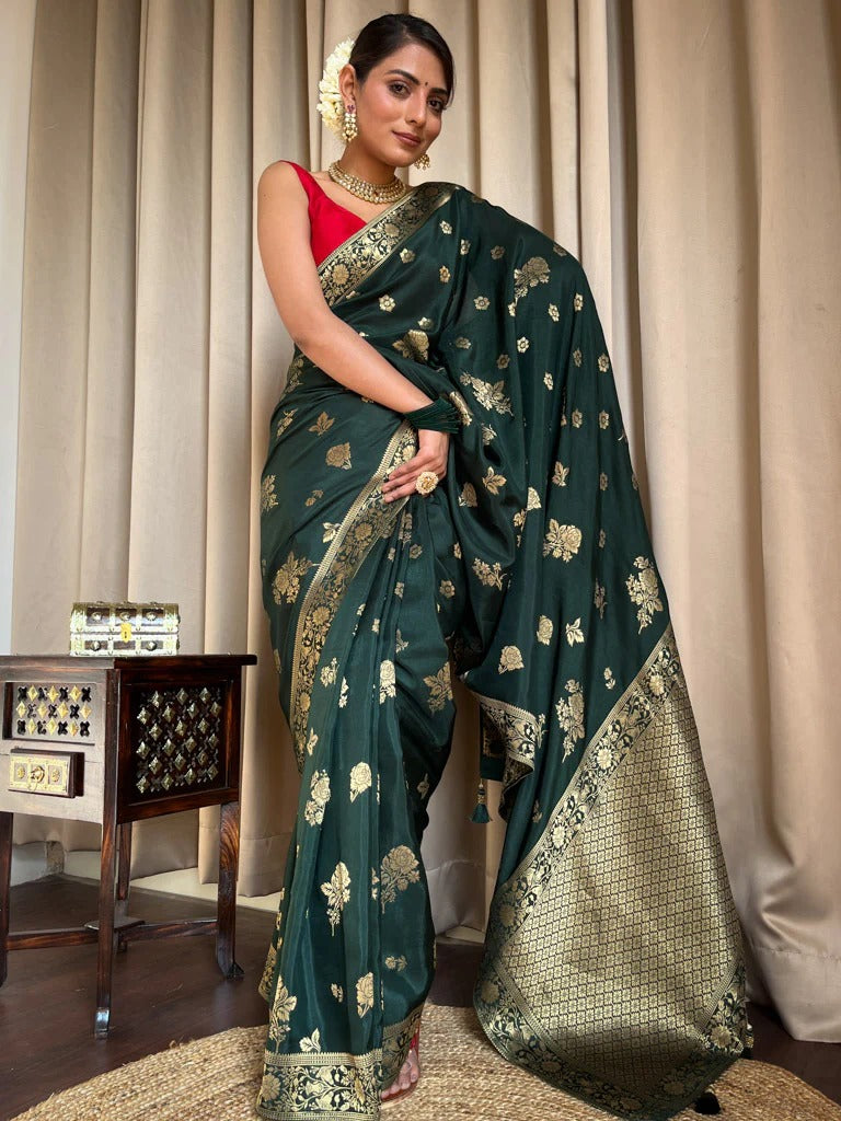 Liklee Green Handloom Weaving Silk Saree With Mesmeric Blue Blouse