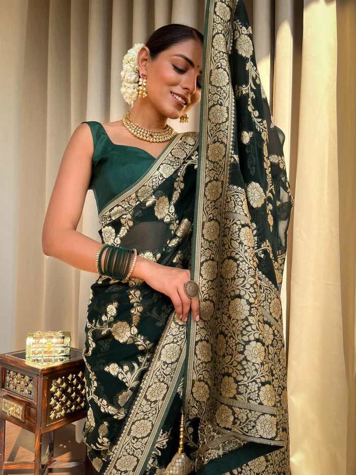 Liklee Green Luxurious Banarasi Weaves iconic collections Silk Saree