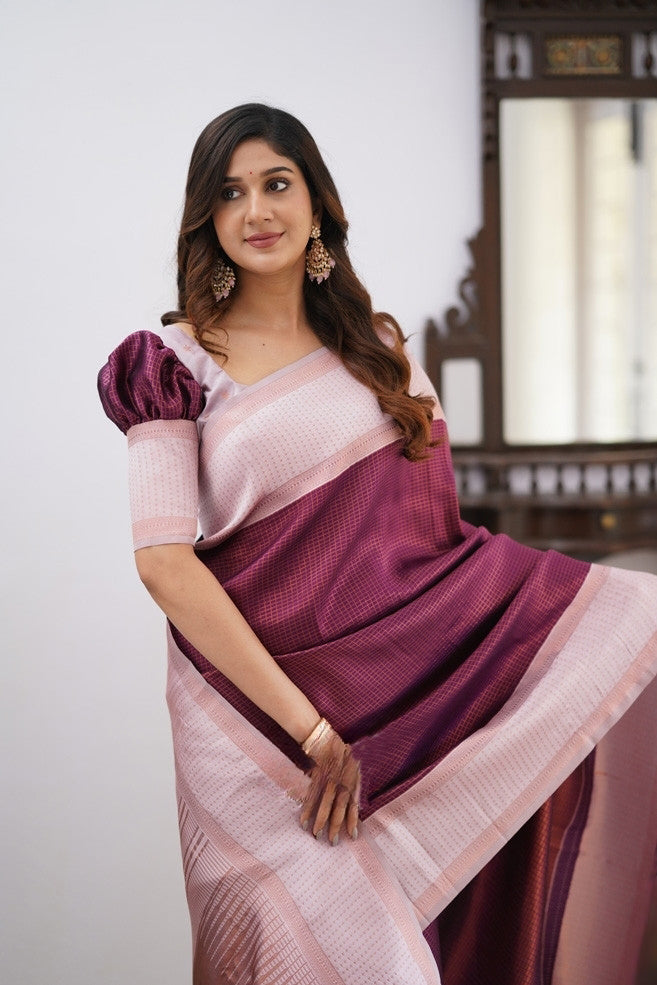 Liklee Wine Soft Banarasi Silk Saree with Unique Blouse Piece