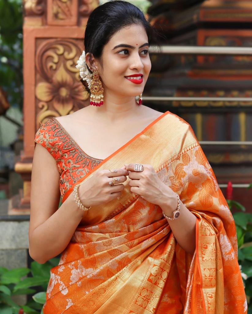 Liklee Orange Soft Silk Saree with Fancy Blouse Piece