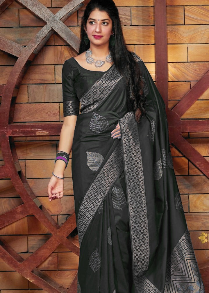 Liklee Black Gorgeous Banarasi Silk Saree with Demesne Blouse Piece