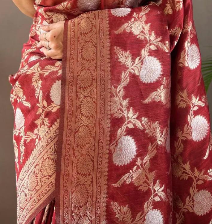 Liklee Red Soft Banarasi Silk Saree With Petrichor Blouse Piece