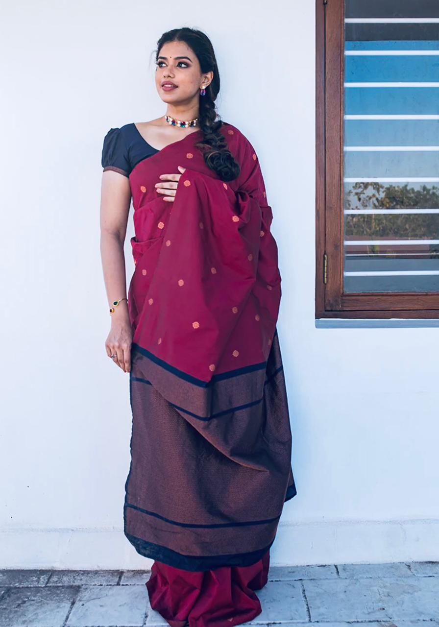 Liklee Stylish Wine Soft Silk Saree with Unique Blue Blouse Piece