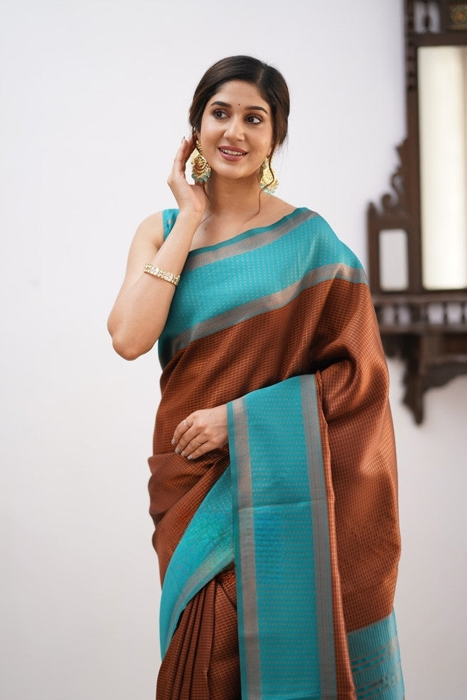 Liklee Brown Soft Banarasi Silk Saree with Unique Blouse Piece