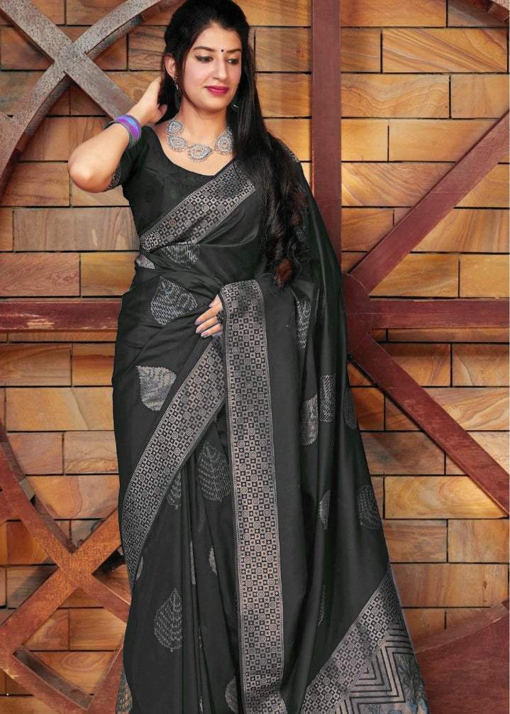 Liklee Black Gorgeous Banarasi Silk Saree with Demesne Blouse Piece