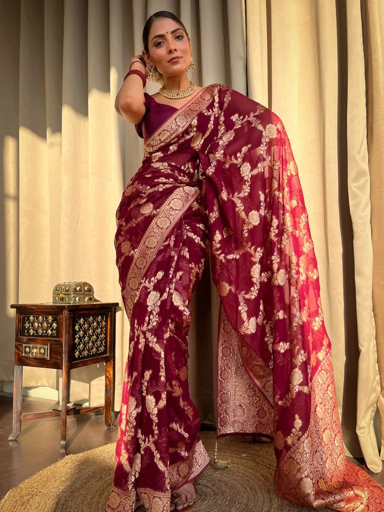 Liklee Maroon Luxurious Banarasi Weaves iconic collections Silk Saree