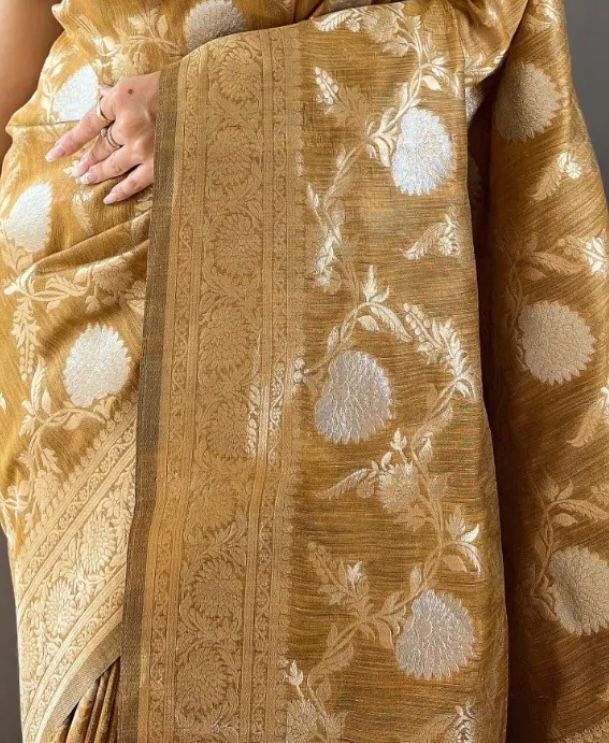 Liklee Yellow Soft Banarasi Silk Saree With Petrichor Blouse Piece