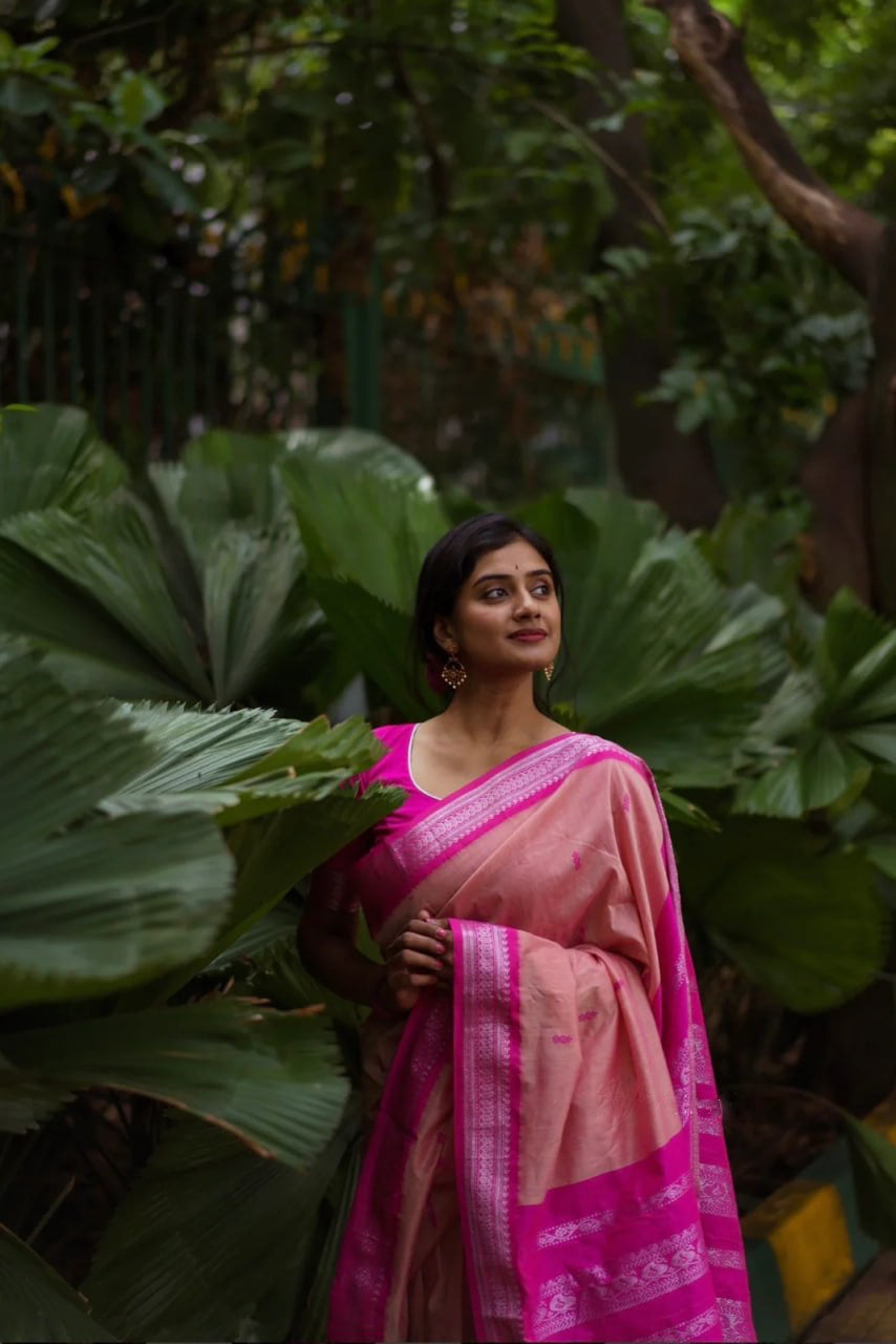 Liklee Pink Soft Banarasi Silk Saree With Petrichor Blouse Piece