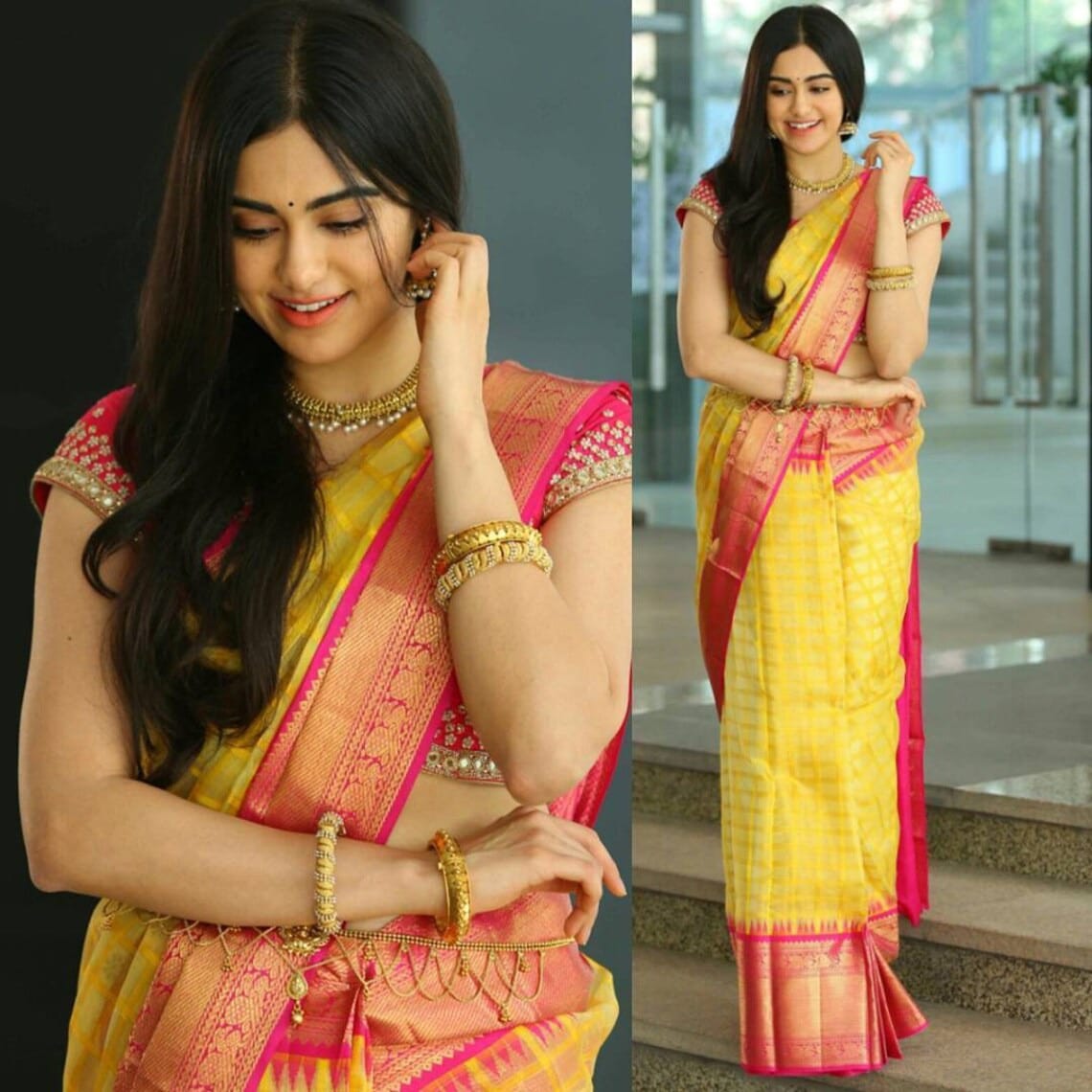 Liklee Stylish Yellow Soft Silk Saree with Unique Pink Blouse Piece