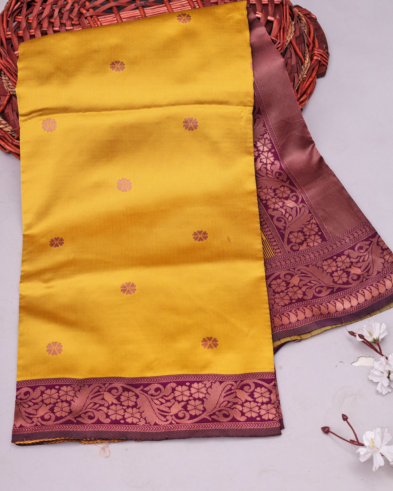 Liklee Yellow Blooming Banarasi Silk Saree With Ethnic Blouse Piece