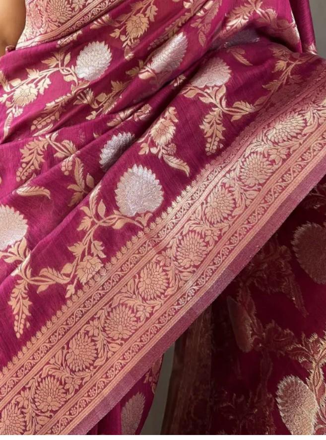 Liklee Wine Soft Banarasi Silk Saree With Petrichor Blouse Piece