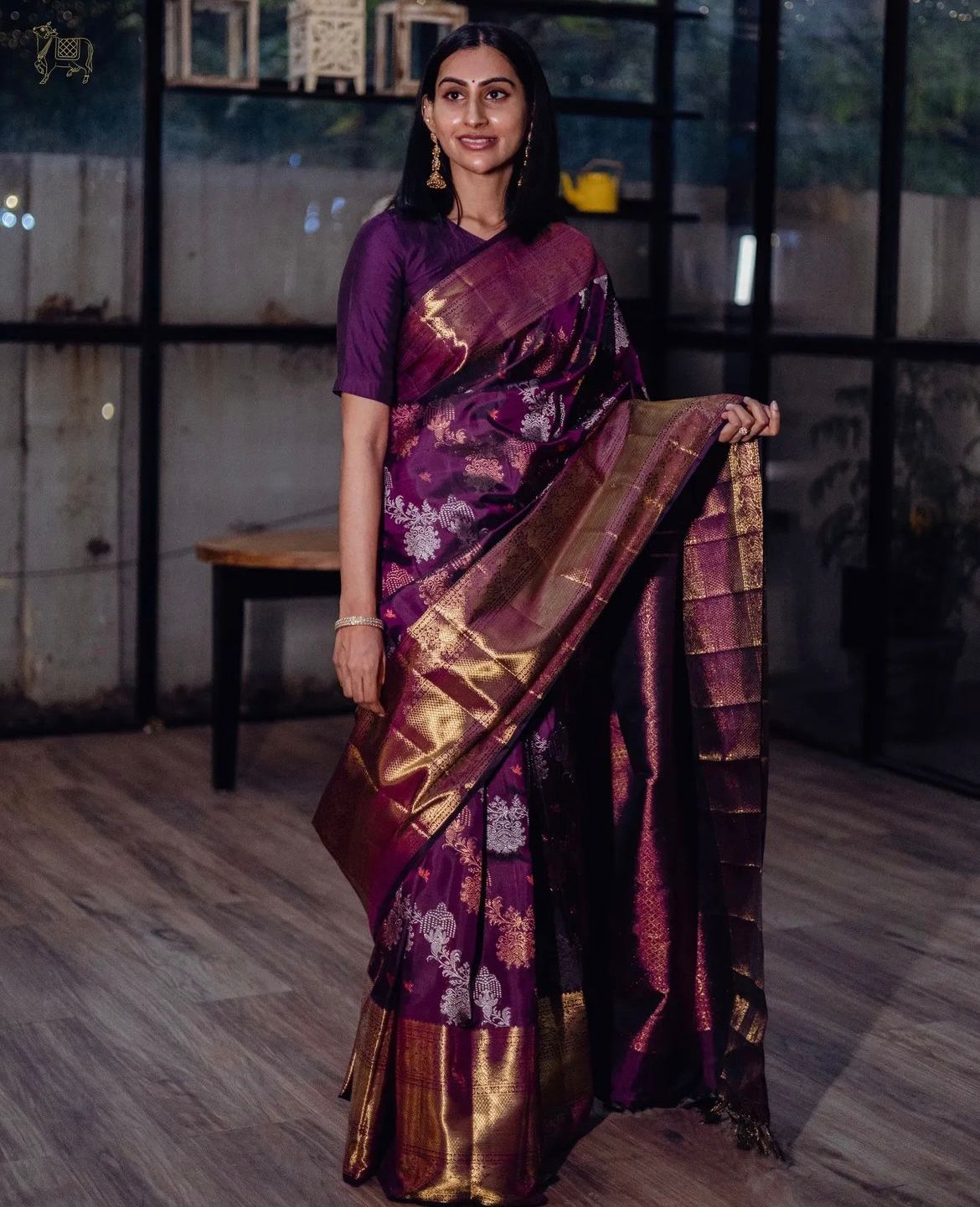 Liklee Purple Blooming Banarasi Silk Saree With Ethnic Blouse Piece