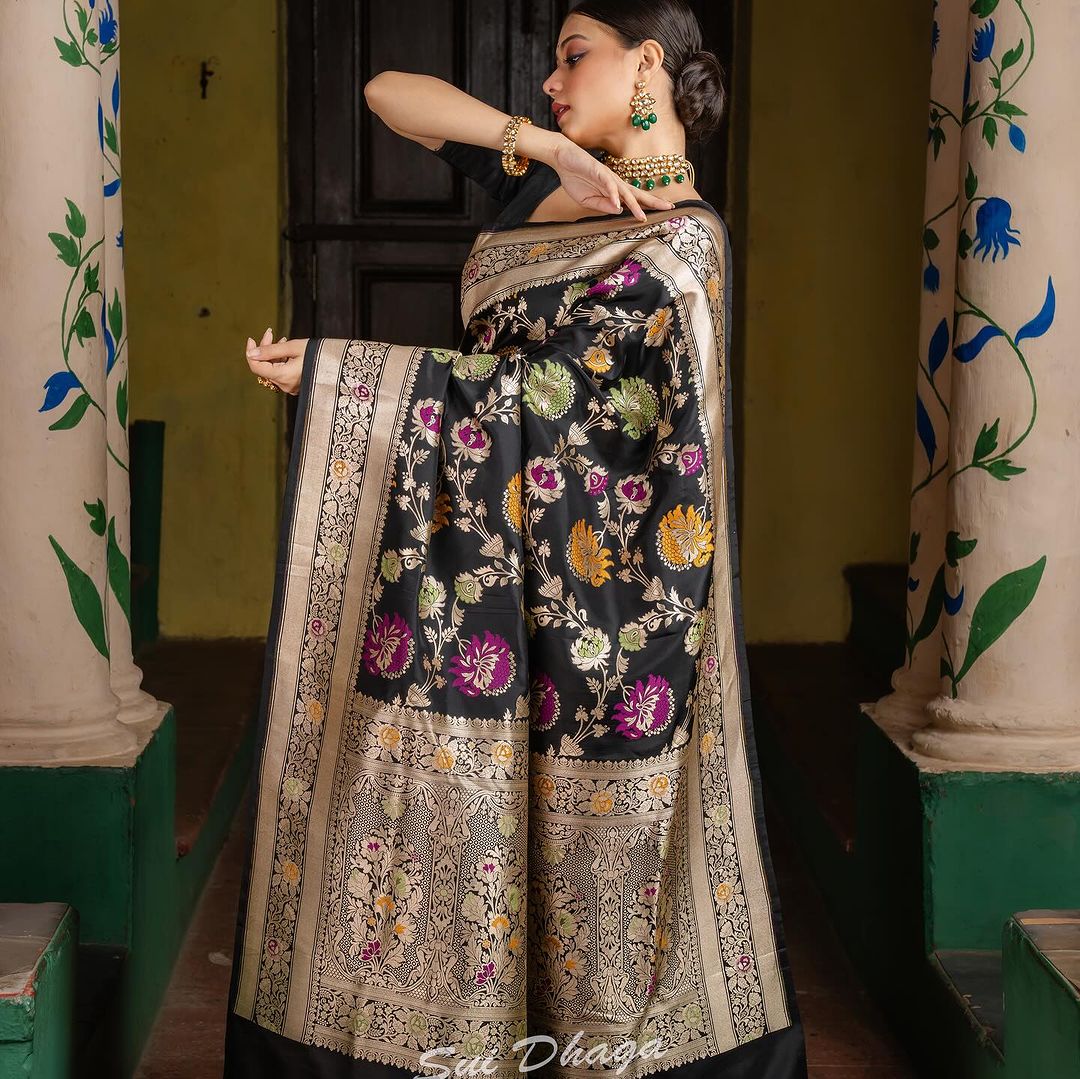 Liklee Black Soft Banarasi Silk Saree With Petrichor Blouse Piece