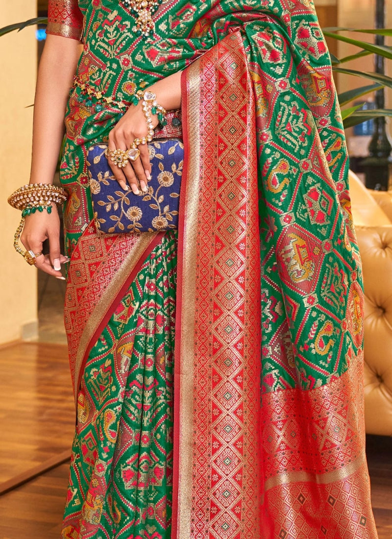 Liklee Ebullience Green Soft Silk Saree With Groovy Red Blouse Piece