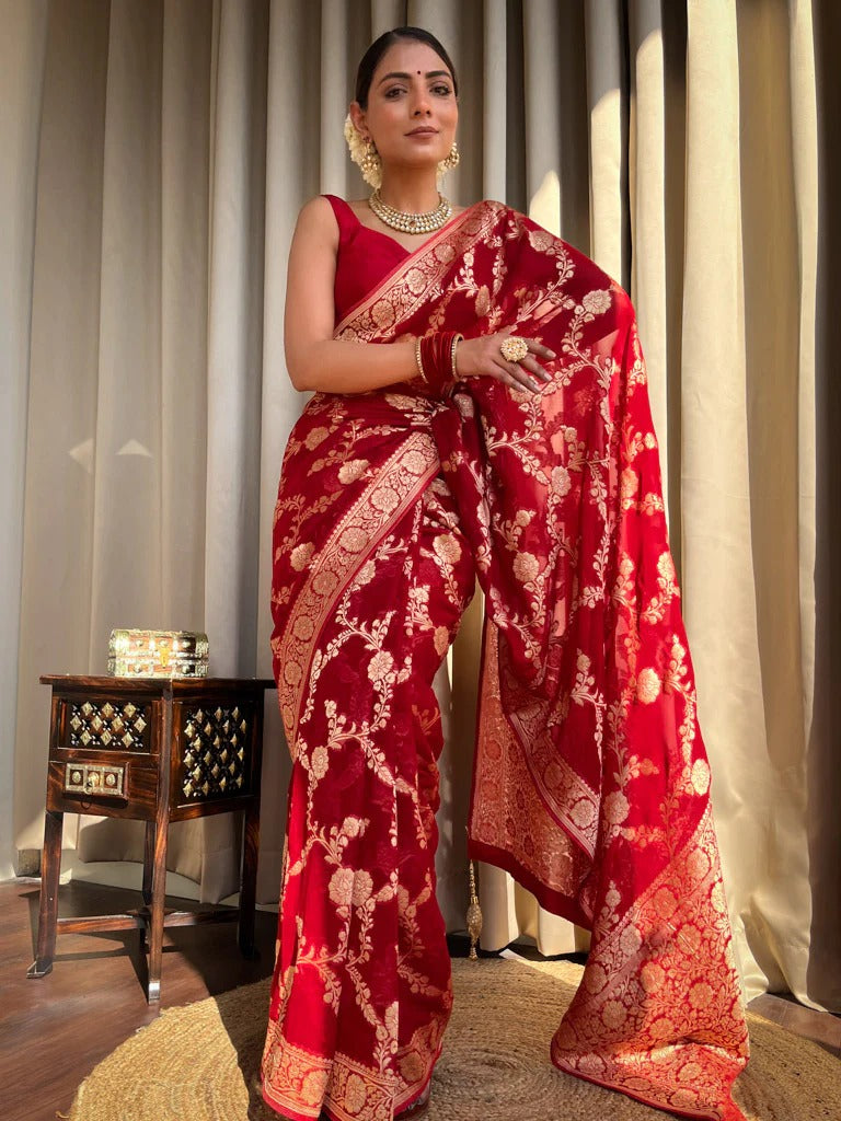 Liklee Red Luxurious Banarasi Weaves iconic collections Silk Saree