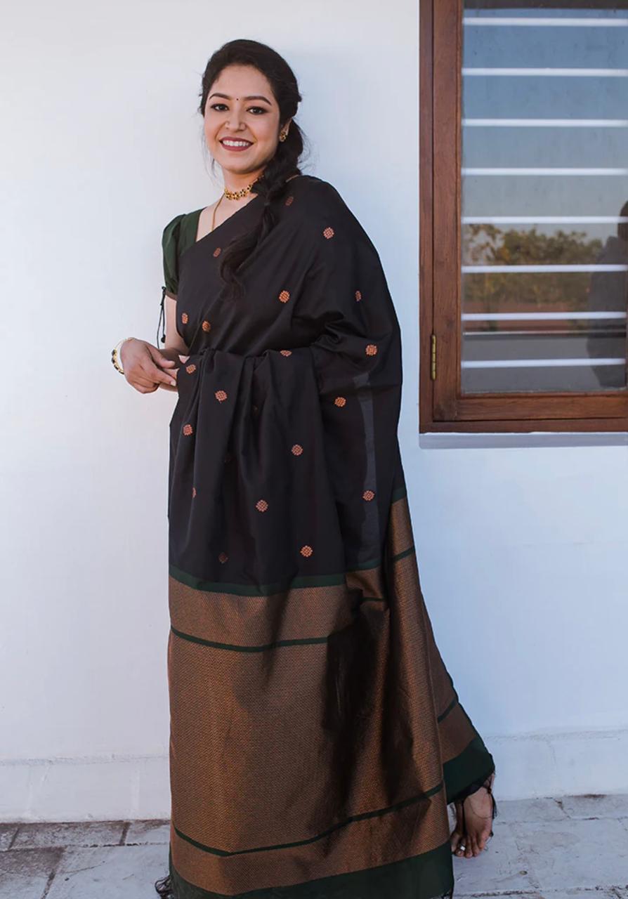 Liklee Stylish Black Soft Silk Saree with Unique Black Blouse Piece