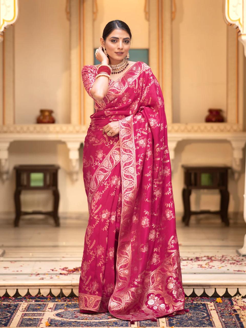 Liklee Flamboyant Pink Soft Silk Saree with Majesty Blouse Piece