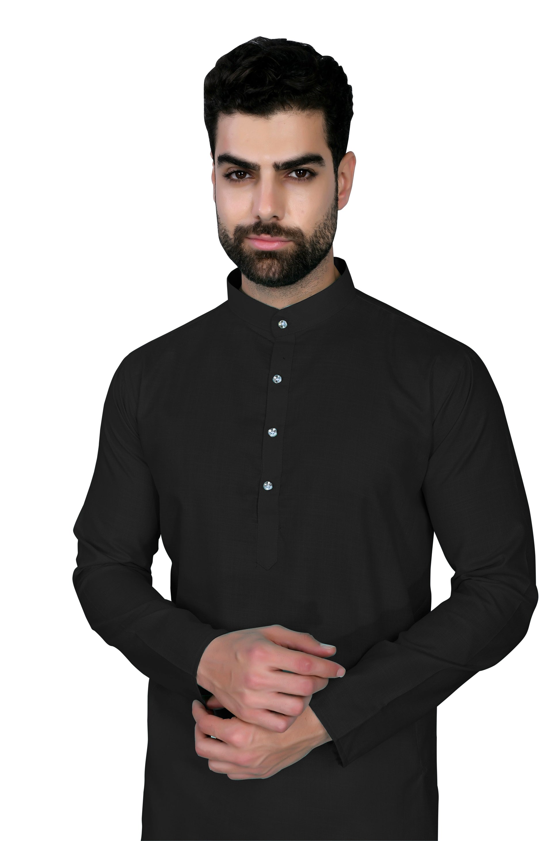 Black Men's Cotton Stylish Kurta with Side Pocket