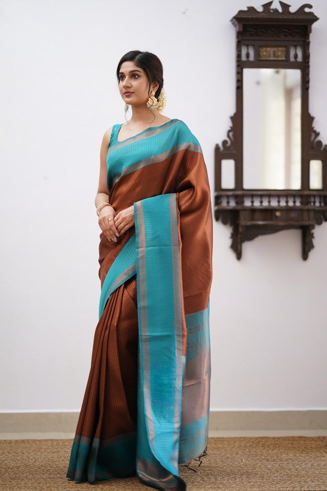 Liklee Brown Soft Banarasi Silk Saree with Unique Blouse Piece