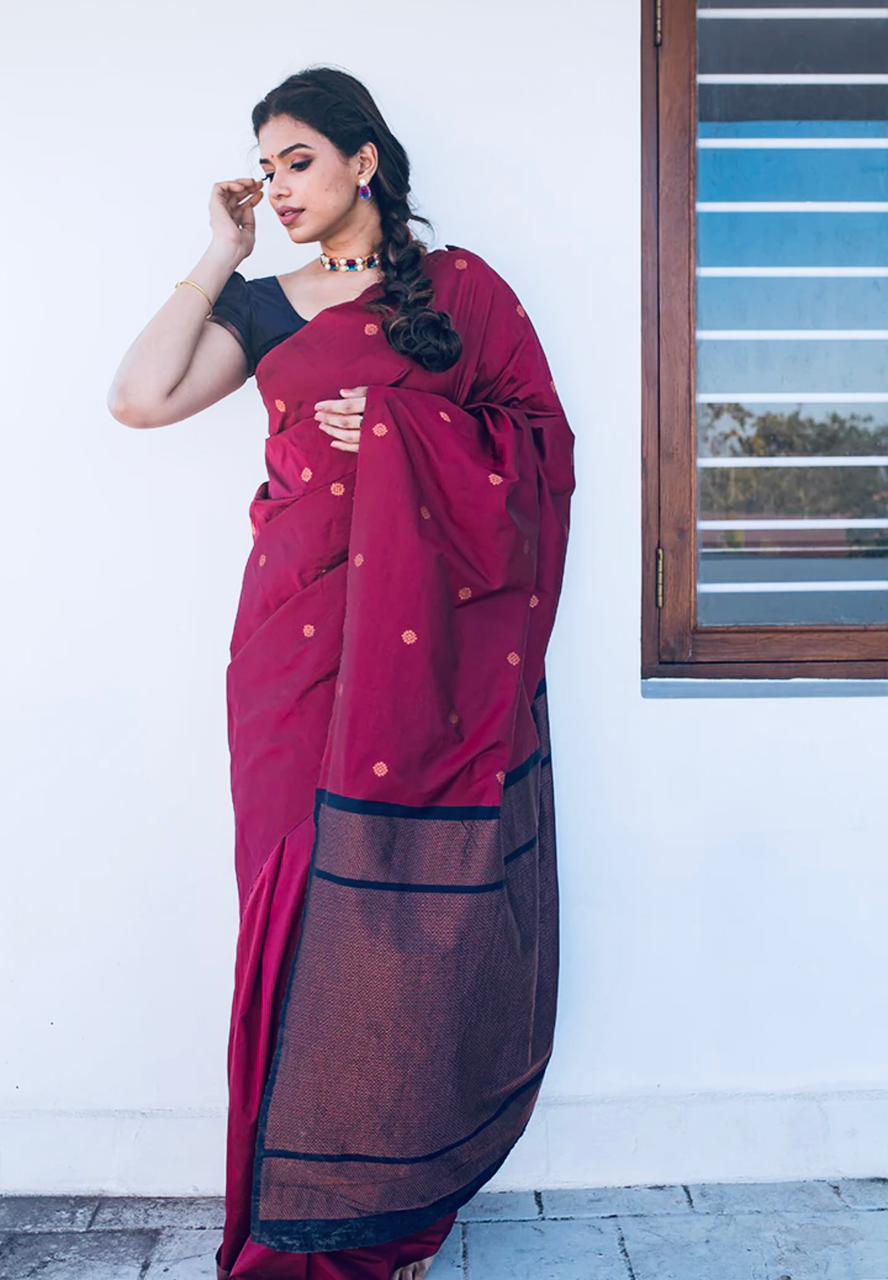 Liklee Stylish Wine Soft Silk Saree with Unique Blue Blouse Piece