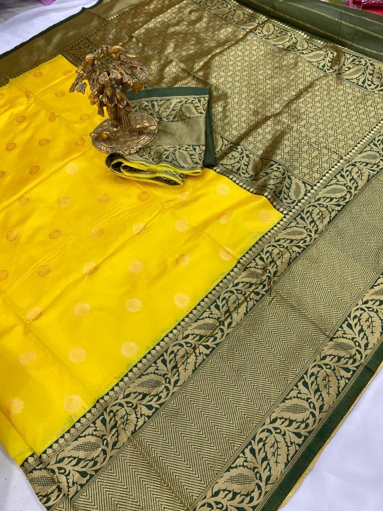 Liklee Yellow Soft Banarasi Silk Saree with Amazing Blouse Piece