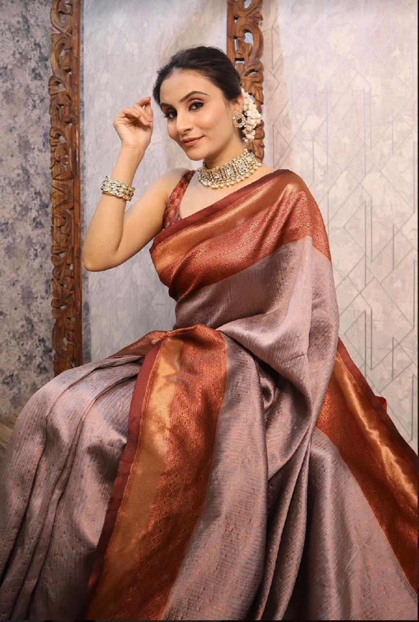 Liklee Gray Blooming Banarasi Silk Saree With Ethnic Blouse Piece